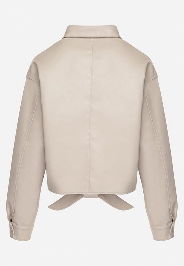 Born2be - Beżowa Kurtka z Ekoskóry w Stylu Koszuli z Wiązaniem na Napy Braleth. Okazja: na co dzień. Kolor: beżowy. Materiał: jeans. Długość rękawa: długi rękaw. Długość: długie. Styl: młodzieżowy, elegancki, casual