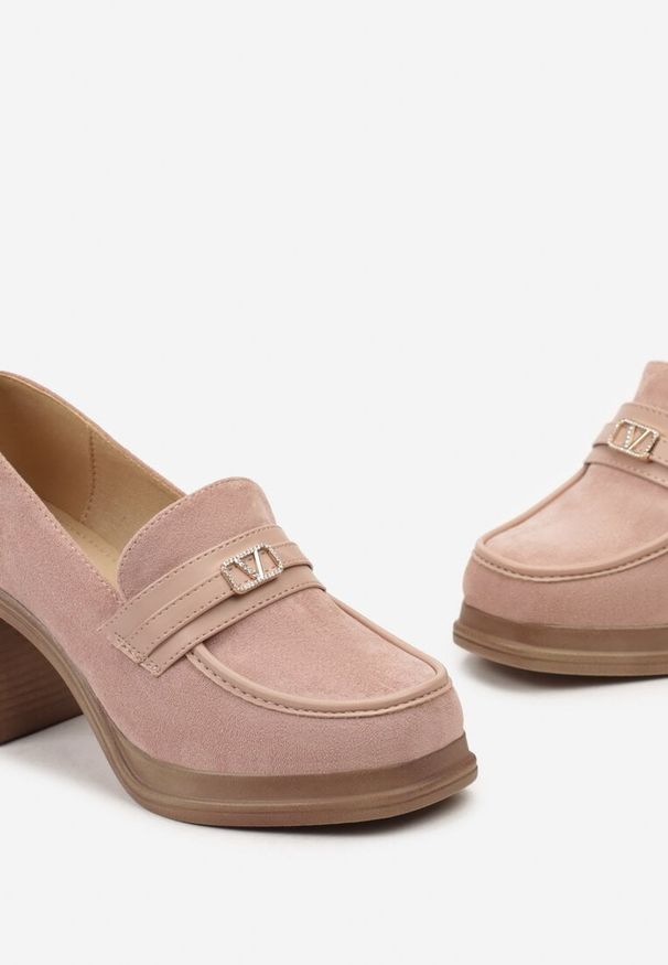 Born2be - Różowe Półbuty Mokasyny na Wysokim Słupku z Cyrkoniami Remenia. Kolor: różowy. Obcas: na słupku. Styl: elegancki. Wysokość obcasa: średni