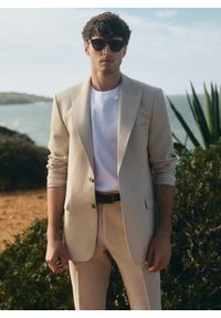 Pako Lorente - PAKO LORENTE - Beżowa marynarka garniturowa w prążek. Kolor: beżowy. Materiał: poliester, elastan, wiskoza. Wzór: prążki. Styl: młodzieżowy #6