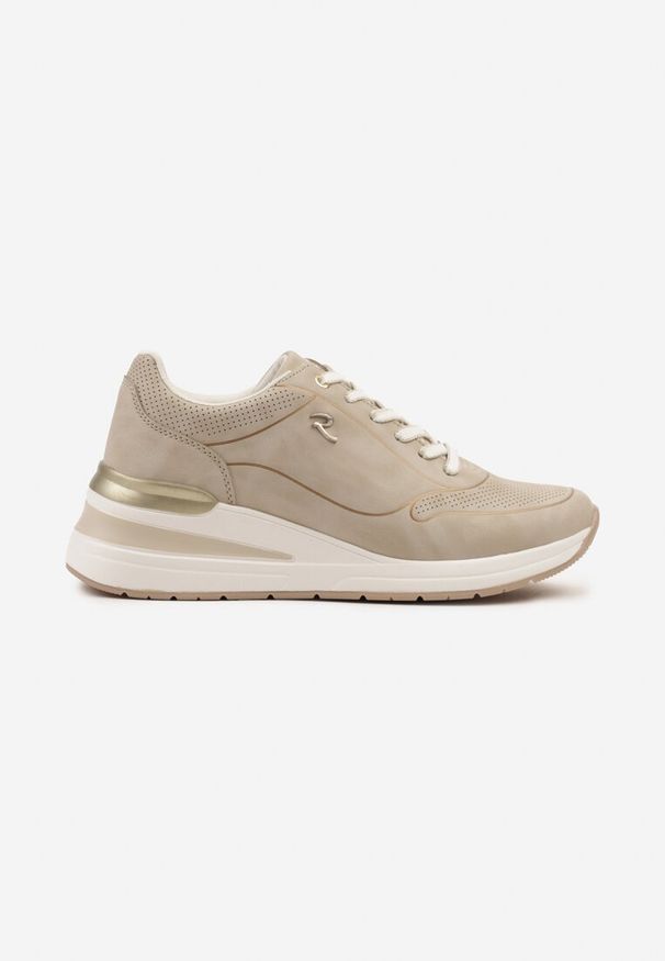 Born2be - Beżowe Sneakersy na Koturnie z Ozdobnymi Tłoczeniami Maroriella. Okazja: na co dzień. Kolor: beżowy. Materiał: jeans. Szerokość cholewki: normalna. Wzór: aplikacja. Obcas: na koturnie