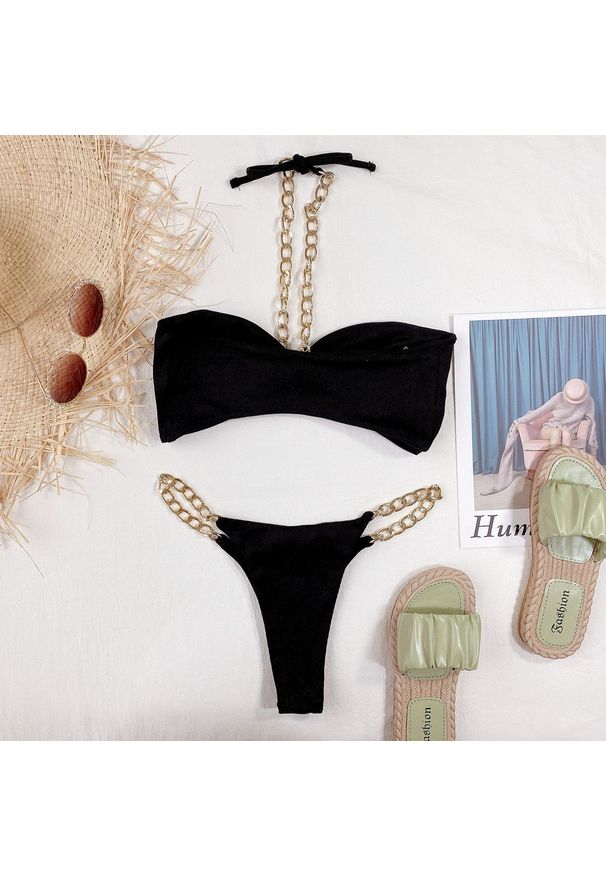 Intica - Strój kąpielowy dwuczęściowy z łańcuszkami na plażę i basen Elset. Kolor: czarny. Materiał: materiał. Wzór: aplikacja