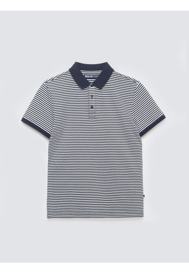 Big-Star - Koszulka chłopięca polo w paski granatowa Fiker 403. Typ kołnierza: polo. Kolor: niebieski. Materiał: dzianina. Długość rękawa: krótki rękaw. Długość: krótkie. Wzór: paski. Styl: klasyczny, sportowy