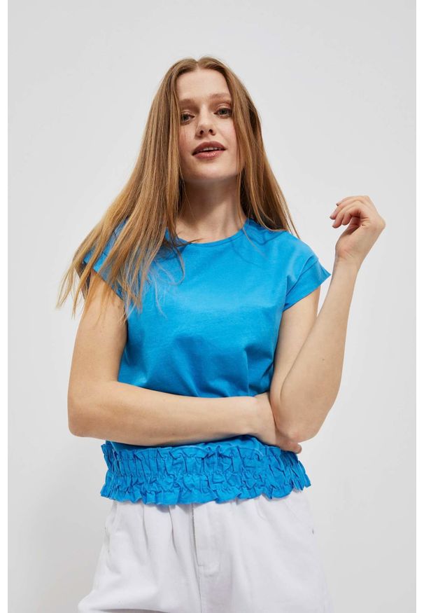 MOODO - Gładka bluzka lazurowa. Kolor: niebieski. Materiał: bawełna. Wzór: gładki