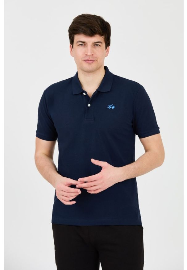 La Martina - LA MARTINA Granatowe męskie polo z małym logo, Rozmiar XXL. Typ kołnierza: polo. Kolor: niebieski