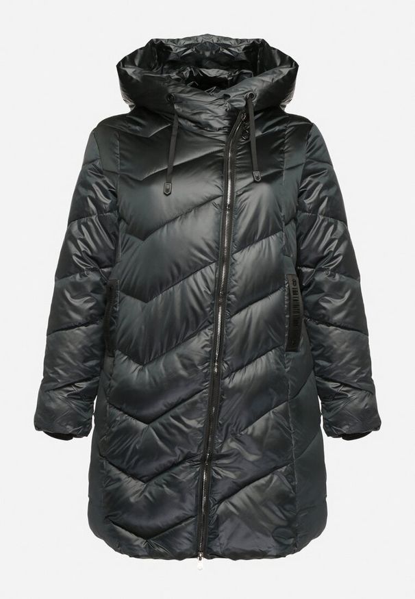 Born2be - Ciemnozielona Pikowana Kurtka z Kapturem i Kieszeniami na Napy Inasia. Okazja: na co dzień. Typ kołnierza: kaptur. Kolor: zielony. Materiał: jeans. Styl: casual, elegancki
