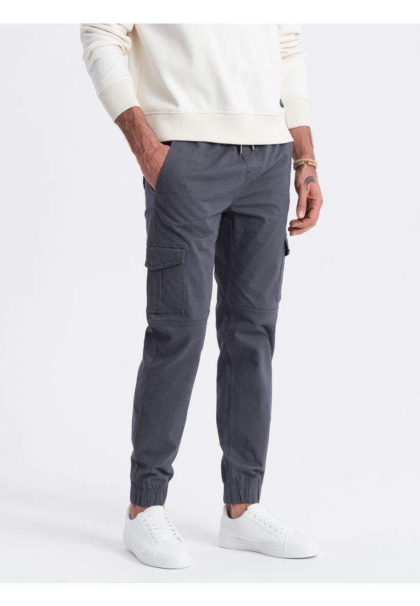 Ombre Clothing - Spodnie męskie JOGGERY z zapinanymi kieszeniami cargo - grafitowe V3 - Rozmiar: XL. Okazja: na co dzień. Kolor: szary. Materiał: bawełna, elastan. Sezon: lato. Styl: casual, klasyczny, sportowy