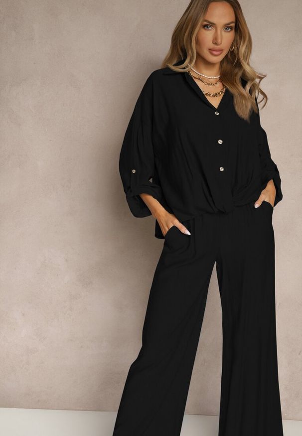 Renee - Czarny Komplet z Wiskozy w Stylu Oversize Szerokie Spodnie i Luźna Koszula na Guziki Natinne. Kolor: czarny. Materiał: wiskoza