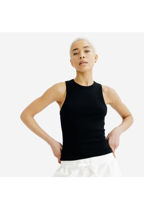 Decathlon - Koszulka bez rękawów damska Elementals z prążkowanej dzianiny. Kolor: czarny. Materiał: bawełna, materiał, elastan. Długość rękawa: bez rękawów