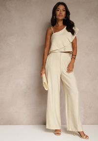 Renee - Beżowy Komplet z Wiskozą Top z Falbanką na Jedno Ramię i Spodnie Wide Leg Nirellea. Kolor: beżowy. Materiał: wiskoza