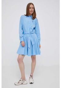 Polo Ralph Lauren sukienka bawełniana kolor niebieski mini rozkloszowana. Typ kołnierza: polo. Kolor: niebieski. Materiał: bawełna. Wzór: aplikacja. Typ sukienki: rozkloszowane. Długość: mini #6