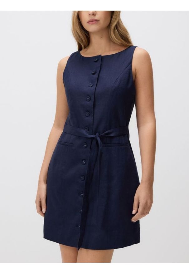 Reserved - Lniana sukienka mini - granatowy. Kolor: niebieski. Materiał: len. Typ sukienki: proste. Długość: mini