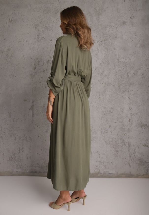 Renee - Zielona Koszulowa Sukienka Utility z Bawełny z Wiązanym Paskiem w Talii Retona. Okazja: na co dzień. Kolor: zielony. Materiał: bawełna. Sezon: lato. Typ sukienki: koszulowe. Styl: boho, glamour, casual