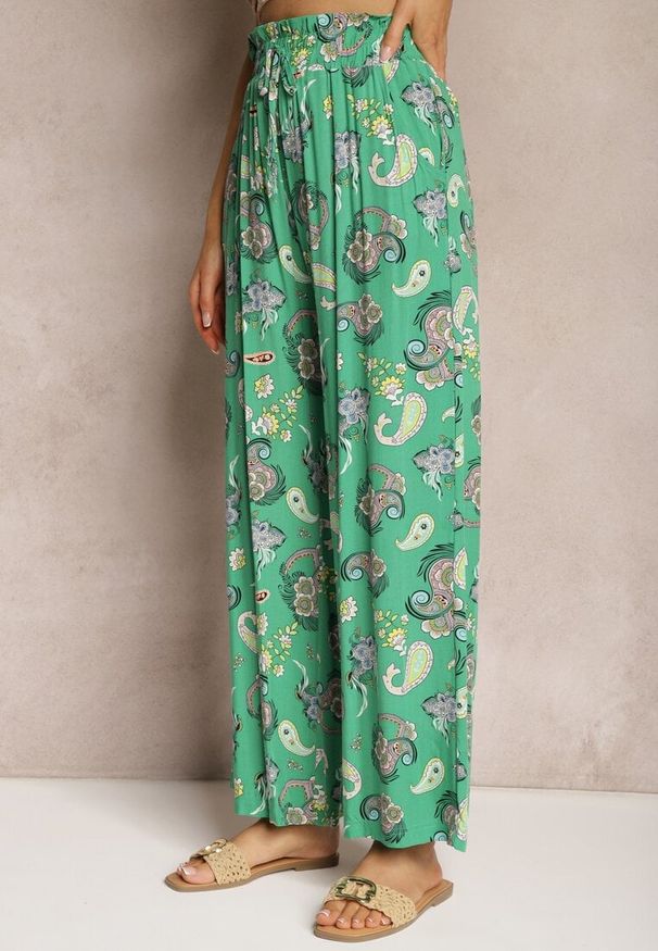 Renee - Zielone Bawełniane Spodnie Boho w Stylu Palazzo z Gumką w Pasie i Wysokim Stanem Pravia. Okazja: na co dzień. Stan: podwyższony. Kolor: zielony. Materiał: bawełna. Styl: boho