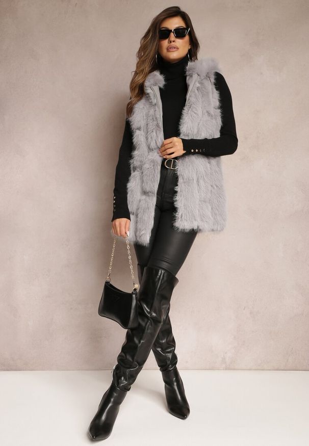 Renee - Szara Futrzana Kamizelka z Kapturem Konessa. Typ kołnierza: kaptur. Kolor: szary. Materiał: futro