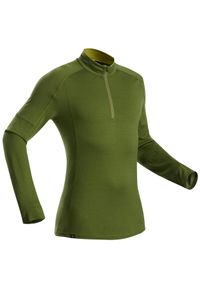 FORCLAZ - Koszulka trekkingowa męska z długim rękawem Forclaz MT 500 merino zamek. Typ kołnierza: kołnierzyk stójkowy. Kolor: zielony. Materiał: wełna, materiał, poliamid. Długość rękawa: długi rękaw. Długość: długie #1