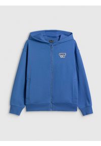 4f - 4F Bluza dresowa loose z kapturem chłopięca - granatowa 146 (10-11 lat). Okazja: na uczelnię, na co dzień. Typ kołnierza: kaptur. Kolor: niebieski. Materiał: dresówka. Wzór: nadruk. Sezon: lato. Styl: sportowy, casual #1