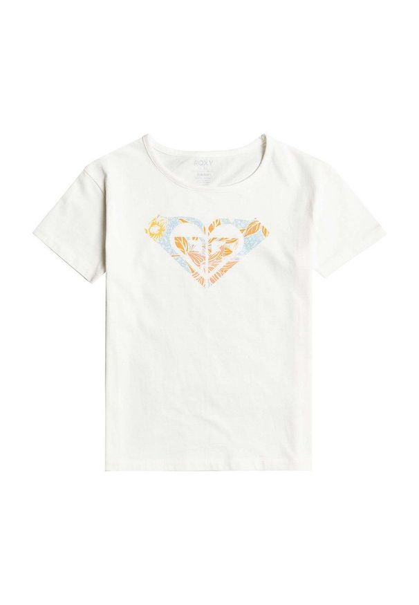 Roxy t-shirt bawełniany dziecięcy kolor biały. Okazja: na co dzień. Kolor: biały. Materiał: bawełna. Wzór: nadruk. Styl: casual