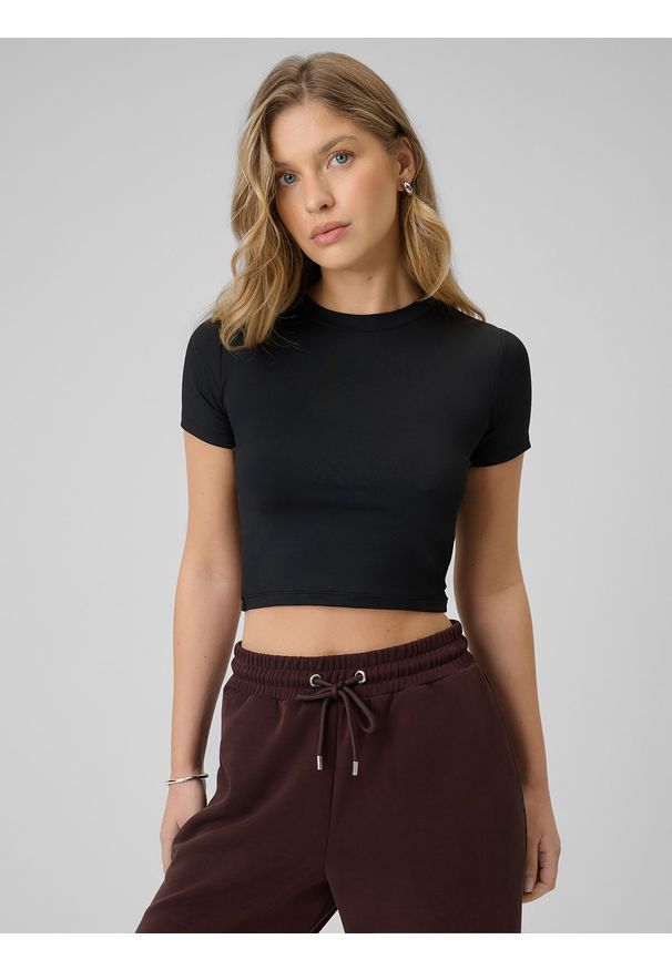 4f - 4F T-shirt slim gładki damski - czarny XS. Kolor: czarny. Materiał: syntetyk, materiał. Wzór: gładki. Styl: klasyczny