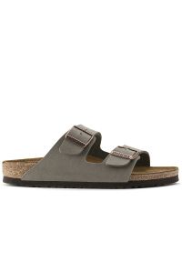 Klapki Birkenstock Arizona Birko-Flor 151211 - szare. Okazja: na co dzień. Zapięcie: pasek. Kolor: szary. Materiał: welur, włókno, syntetyk, skóra. Szerokość cholewki: normalna. Wzór: paski. Sezon: lato