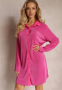 Renee - Fuksjowa Koszulowa Sukienka Mini Udekorowana Plisowaniem Culven. Kolor: różowy. Materiał: tkanina. Typ sukienki: koszulowe. Długość: mini