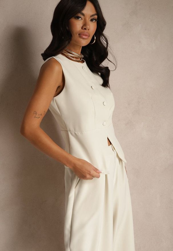 Renee - Beżowy Komplet Garniturowy Szerokie Spodnie i Kamizelka Ziorene. Kolor: beżowy