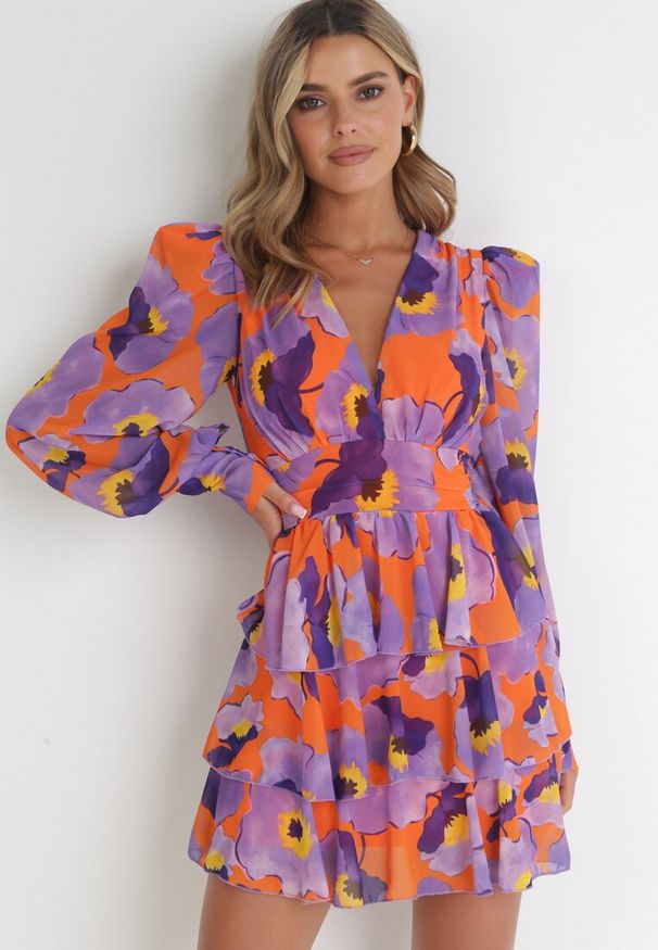 Born2be - Fioletowa Sukienka Mini z Cienkimi Gumkami w Pasie i Szerokimi Rękawami Jakaria. Okazja: na co dzień. Kolor: fioletowy. Typ sukienki: proste. Styl: casual. Długość: mini