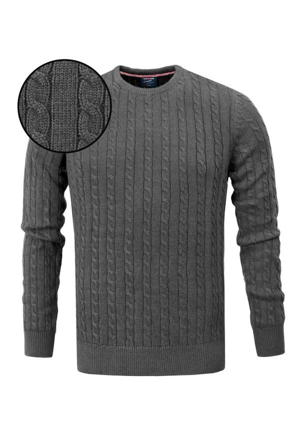 Bawełniany Sweter Męski - Pako Jeans - Splot Warkoczowy - Grafit. Materiał: bawełna. Wzór: ze splotem. Sezon: jesień, zima, wiosna. Styl: klasyczny, elegancki