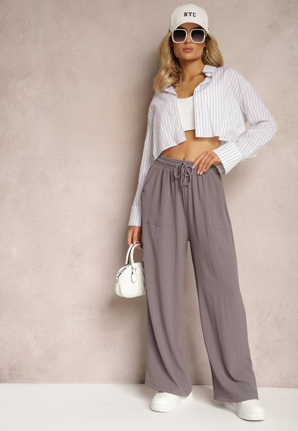 Renee - Szare Spodnie High Waist ze Sznurkiem w Talii i Prostą Nogawką Raveann. Okazja: na co dzień. Stan: podwyższony. Kolor: szary. Styl: casual