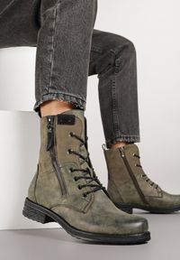 Renee - Zielone Botki w Stylu Vintage ze Sznurowaniem Vemlora. Okazja: na co dzień. Zapięcie: zamek. Kolor: zielony. Materiał: jeans, skóra. Wzór: aplikacja. Styl: vintage