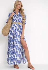 Born2be - Niebieska Rozkloszowana Sukienka Maxi z Plecionym Paskiem i Wsuwanymi Kieszeniami Suttyn. Kolor: niebieski. Długość rękawa: długi rękaw. Sezon: wiosna, lato. Długość: maxi #1