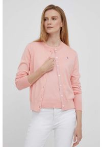 Polo Ralph Lauren kardigan damski kolor pomarańczowy lekki. Okazja: na co dzień. Typ kołnierza: polo. Kolor: pomarańczowy. Materiał: dzianina. Długość rękawa: długi rękaw. Długość: długie. Wzór: gładki. Styl: casual #1