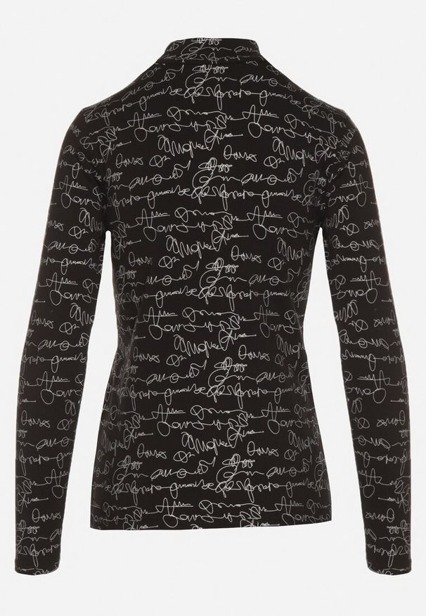Born2be - Czarna Bluzka z Bawełny w Stylu Longsleeve z Półgolfem w Literowy Nadruk Azelenia. Okazja: na co dzień. Kolor: czarny. Materiał: bawełna. Długość rękawa: długi rękaw. Wzór: nadruk. Styl: casual