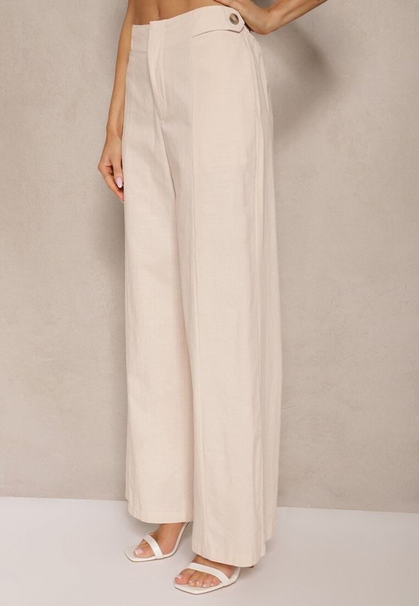 Renee - Beżowy Elegancki Komplet Top z Guzikami i Szerokie Spodnie z Wiskozy i Bawełny Divianne. Kolor: beżowy. Materiał: bawełna, wiskoza