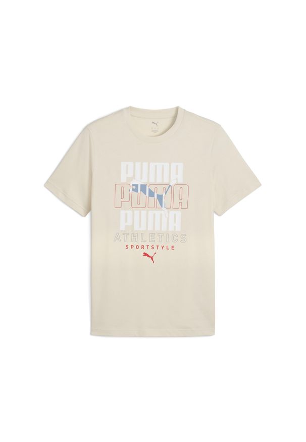 Puma - Męska koszulka z nałożonymi na siebie grafikami PUMA. Kolor: beżowy, biały, wielokolorowy. Sport: bieganie