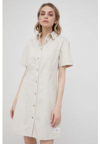 Calvin Klein Jeans sukienka bawełniana J20J218347.PPYY kolor beżowy mini prosta. Okazja: na co dzień. Kolor: beżowy. Materiał: bawełna. Długość rękawa: krótki rękaw. Typ sukienki: proste. Styl: casual. Długość: mini #5