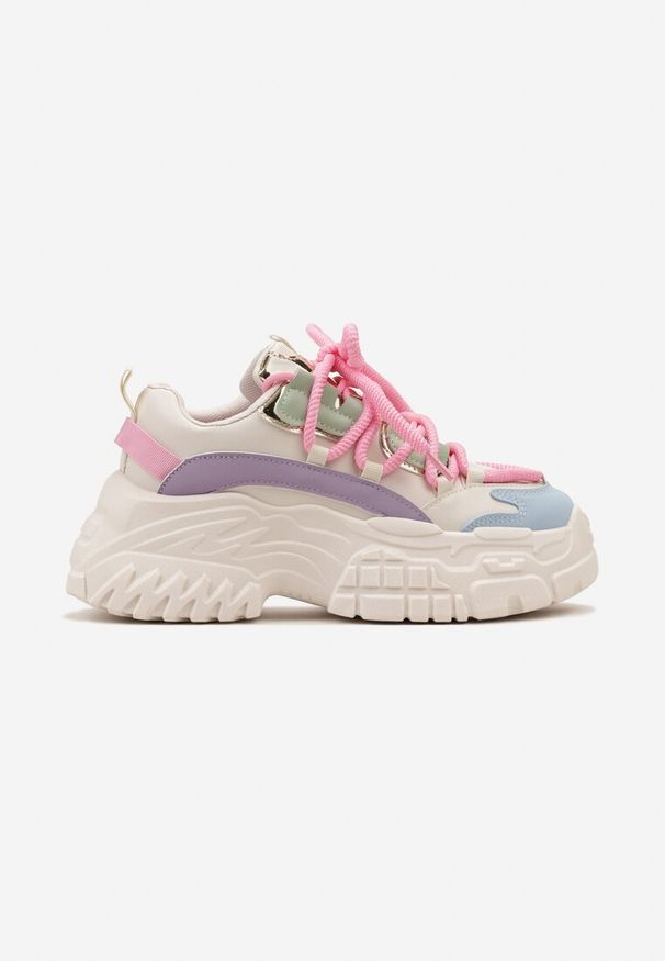 Born2be - Biało-Różowe Sneakersy na Grubej Podeszwie z Ozdobnym Sznurowaniem przed Kostkę Mystarie. Wysokość cholewki: przed kostkę. Kolor: biały