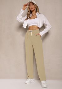 Renee - Zielone Spodnie High Waist z Prostą Nogawką i Gumką w Pasie Fadesa. Okazja: na co dzień. Stan: podwyższony. Kolor: zielony. Styl: casual