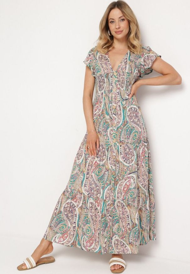 Born2be - Zielona Sukienka Maxi z Gumką Pod Biustem i Orientalnym Wzorem Uniwia. Kolor: zielony. Sezon: lato. Długość: maxi