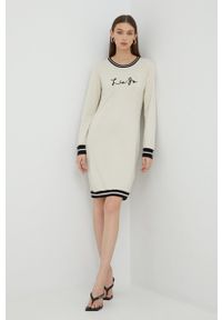 Liu Jo sukienka TF2052.MS75L kolor beżowy mini prosta. Okazja: na co dzień. Kolor: beżowy. Materiał: materiał, dzianina. Długość rękawa: długi rękaw. Wzór: aplikacja. Typ sukienki: proste. Styl: casual. Długość: mini #2