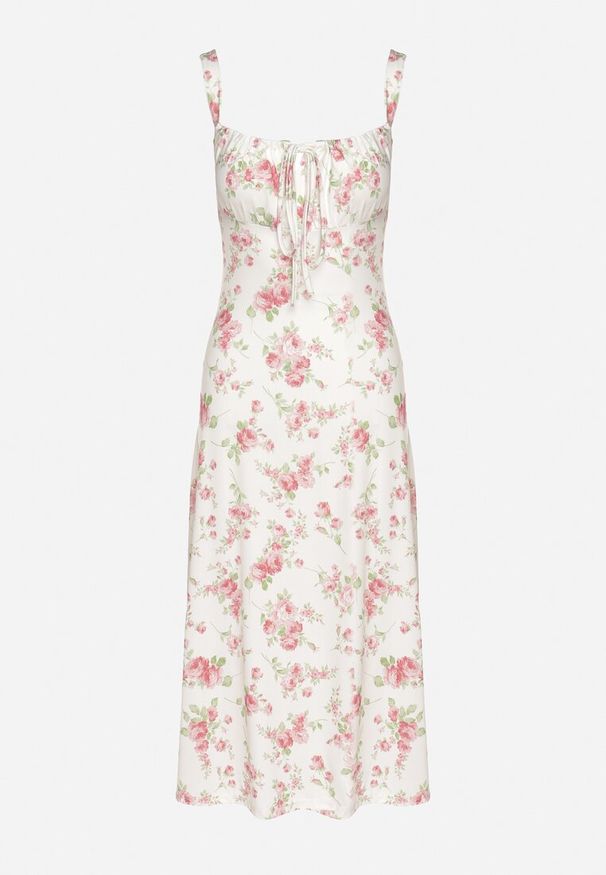 Born2be - Beżowo-Różowa Taliowana Sukienka w Kwiaty Ozdobiona Wiązaniem Firavire. Okazja: na co dzień. Kolor: różowy. Wzór: aplikacja, kwiaty. Sezon: wiosna, lato. Typ sukienki: sportowe. Styl: casual, sportowy