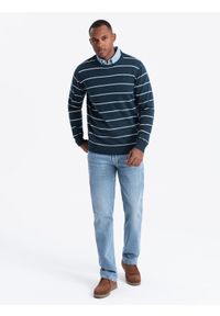 Ombre Clothing - Casualowy męski sweter w poziome paski – granatowy V1 - Rozmiar: XXL. Okazja: na co dzień. Kolor: niebieski. Materiał: nylon, włókno, materiał, bawełna. Wzór: paski. Styl: casual #3