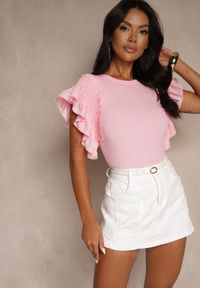 Renee - Różowa Bluzka Dislie. Kolor: różowy. Materiał: jeans, bawełna, dzianina. Wzór: kwiaty, gładki. Sezon: lato. Styl: elegancki #3