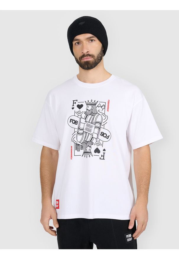 4f - 4F T-shirt loose z nadrukiem męski - biały L. Okazja: na co dzień. Kolor: biały. Materiał: dzianina, bawełna, materiał. Wzór: nadruk. Styl: casual