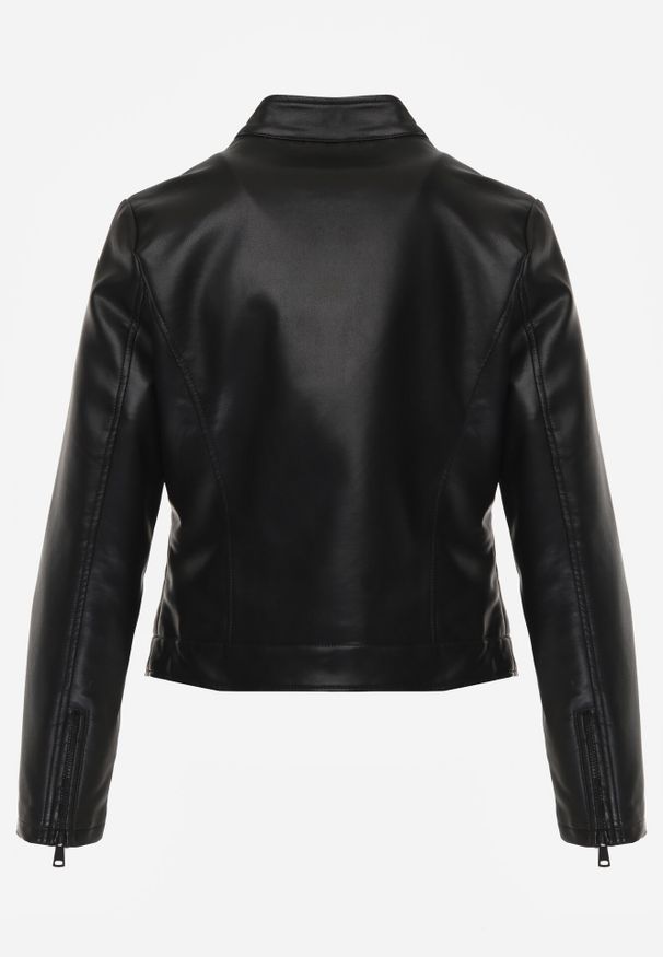 Born2be - Czarna Klasyczna Kurtka Ramoneska o Dopasowanym Kroju ze Stójką Leamariel. Okazja: na co dzień. Typ kołnierza: kołnierzyk stójkowy. Kolor: czarny. Materiał: jeans, skóra, poliester. Styl: klasyczny