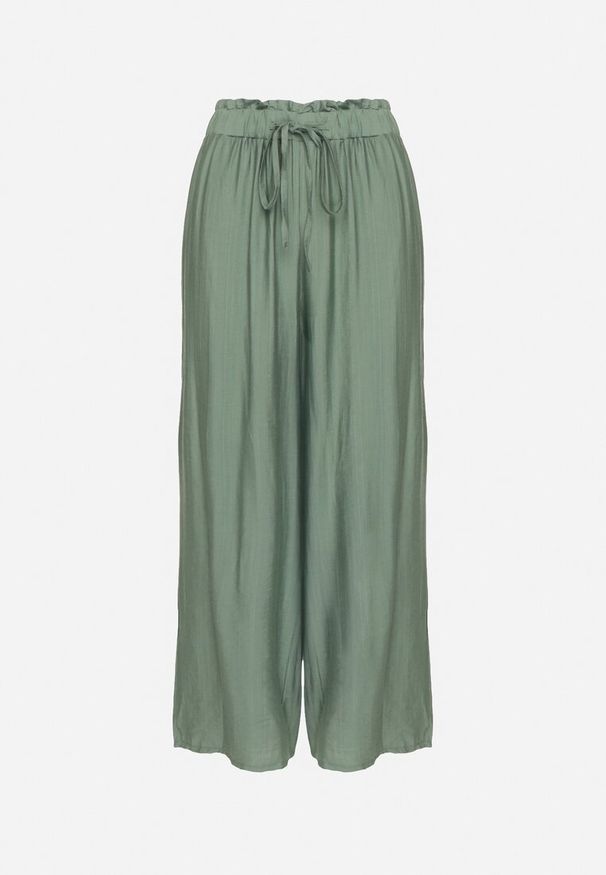 Born2be - Ciemnozielone Szerokie Spodnie z Wysokim Stanem Ozdobione Wiązaniem Teliriela. Okazja: na co dzień. Stan: podwyższony. Kolor: zielony. Wzór: aplikacja. Styl: casual, klasyczny