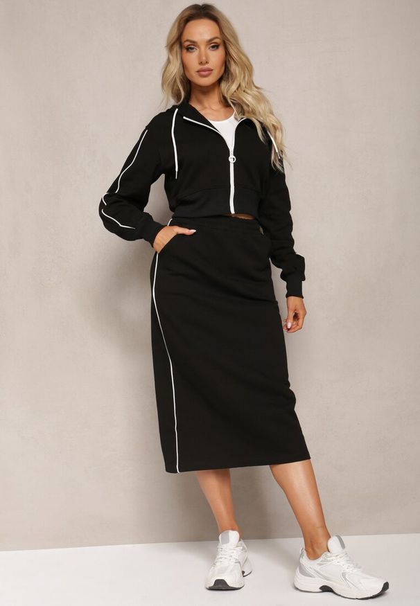 Renee - Czarny Komplet Dresowy Krótka Bluza z Kapturem i Spódnica Ołówkowa Agordia. Kolor: czarny. Materiał: dresówka