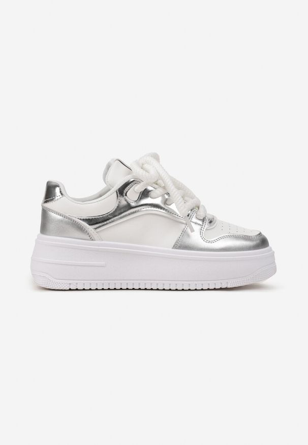Born2be - Biało-Srebrne Sneakersy na Grubej Podeszwie z Licznymi Wstawkami na Cholewce Lairemea. Kolor: biały. Szerokość cholewki: normalna