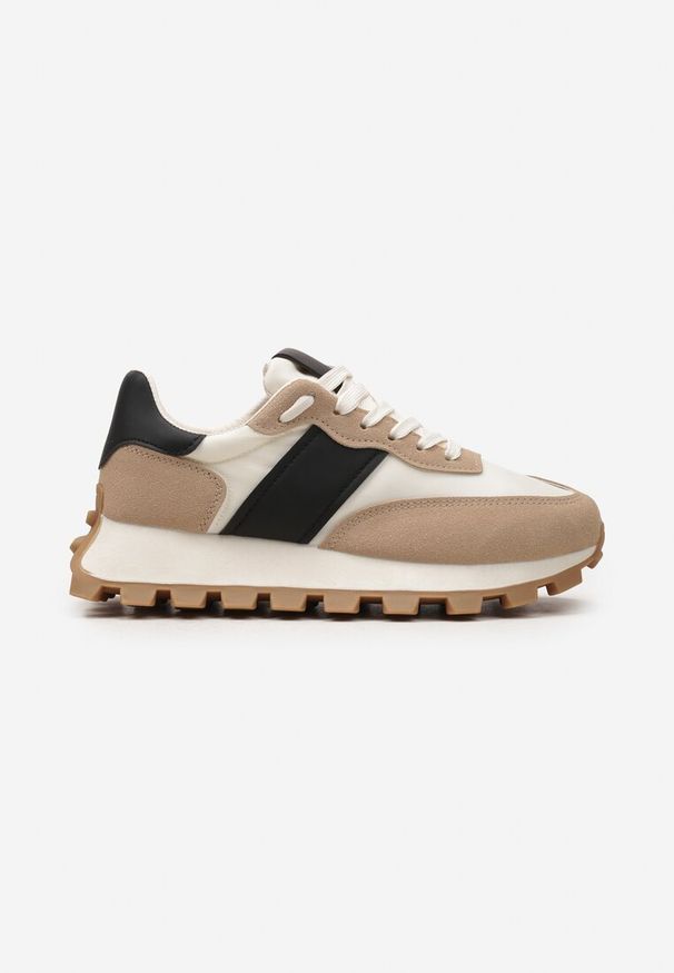 Born2be - Beżowo-Czarne Sneakersy z Ekoskóry z Przeszyciami na Podeszwie z Protektorem Pomadia. Okazja: na co dzień. Kolor: beżowy. Szerokość cholewki: normalna. Wzór: aplikacja