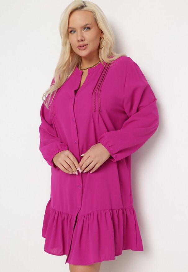 Born2be - Fioletowa Koszulowa Sukienka Mini z Falbanką Brindel. Kolor: fioletowy. Typ sukienki: koszulowe. Długość: mini