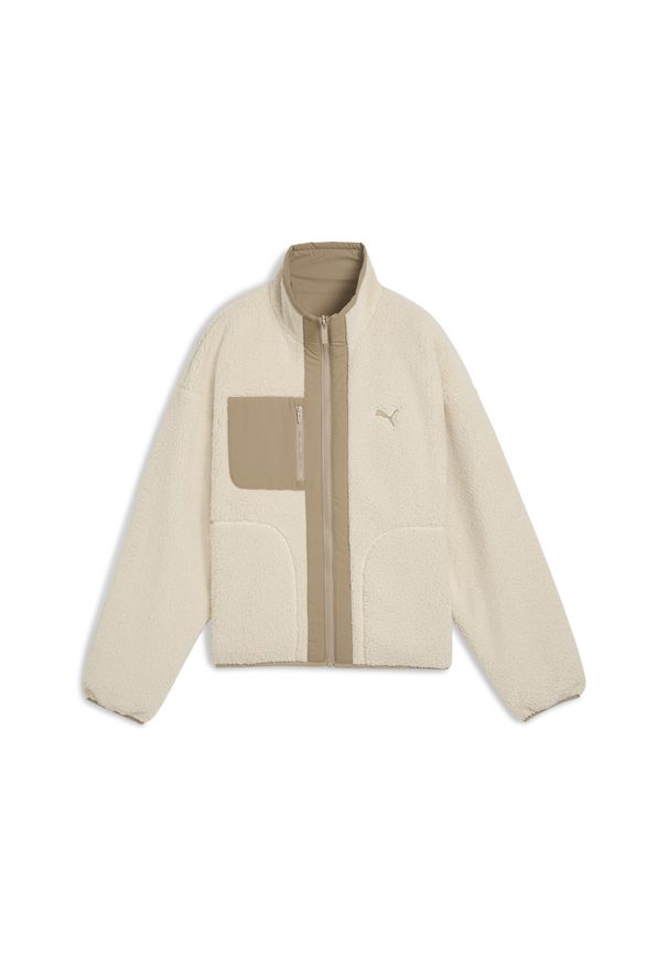 Puma - Damska dwustronna kurtka hybrydowa z dzianiną typu baranek PUMA. Kolor: beżowy, biały, wielokolorowy. Materiał: dzianina. Wzór: gładki. Sport: bieganie